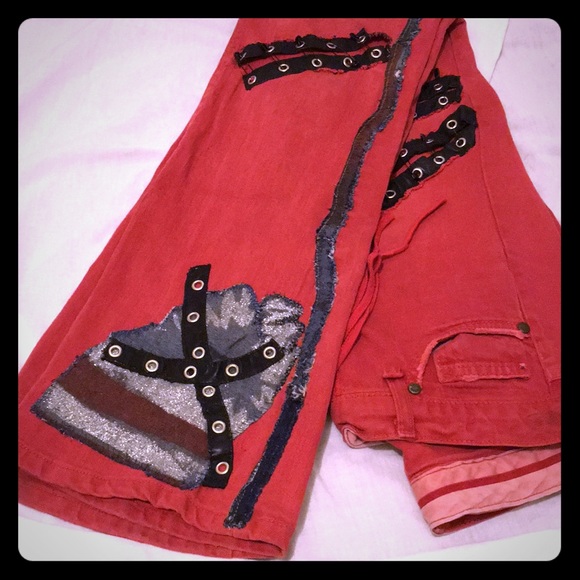 stars & stripes red patchwork flared vintage skinny jeans - Picture 5 of 8